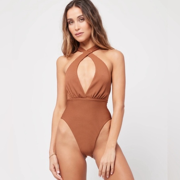 L*Space Brown Allegra Plunge Tie Ribbed Classy One Piece Swimsuit in Coffee - Picture 7 of 15